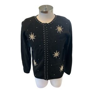 Susan Garver Beaded Bling Zip Up Black Cardigan Size Medium